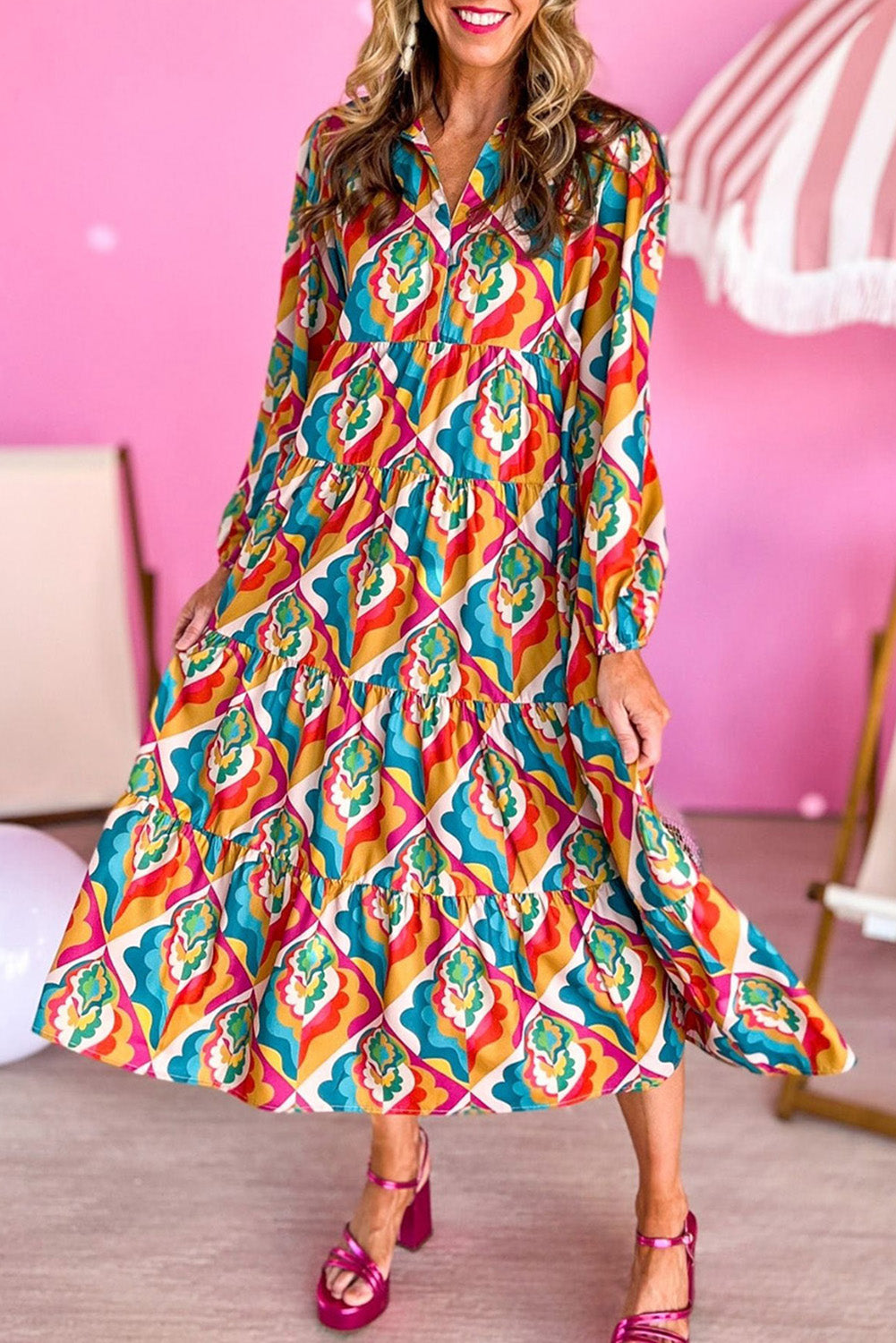 Multicolor Abstract Geometric Print Long Sleeve High Waist Dress