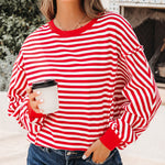 Red Stripe Exposed Seam Drop Shoulder Casual Pullover Top