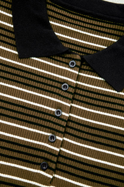 Green Stripe Striped Ribbed Knit Button Collar Sweater
