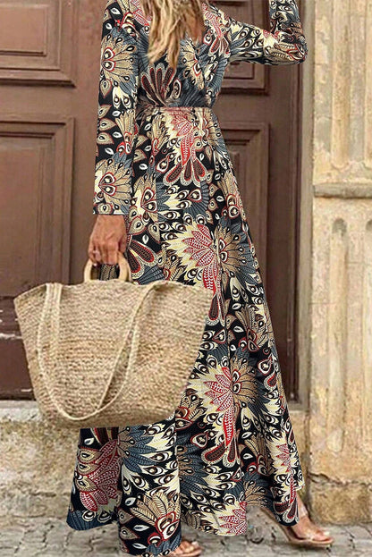 Robe longue noire à imprimé floral, col en V, taille haute