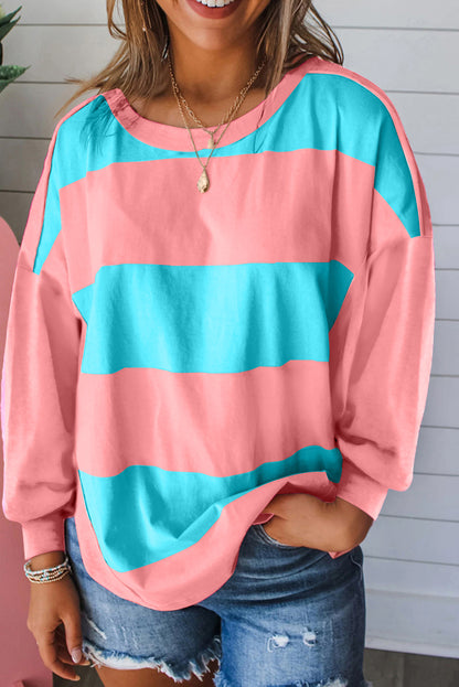 Light Green Colorblock Striped Drop Shoulder Loose Top