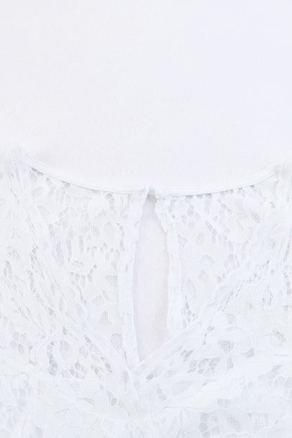 Lace Scalloped V Neck 3/4 Sleeves Pleated Tulle Plus Maxi Dress