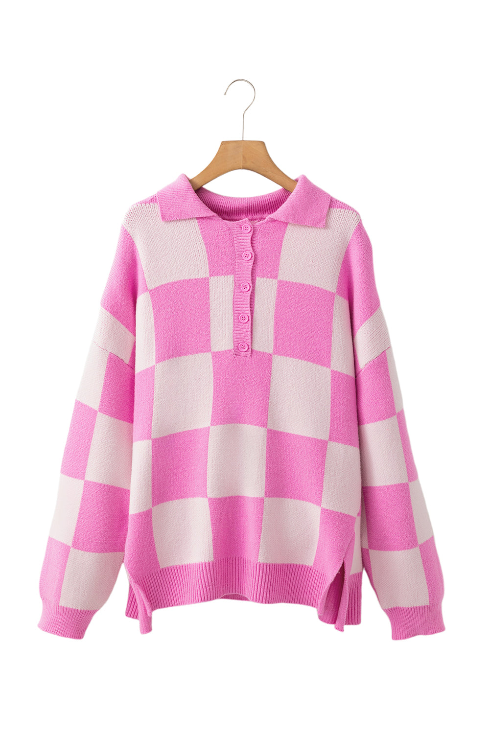 Pull à épaules tombantes et col boutonné à motif damier rose