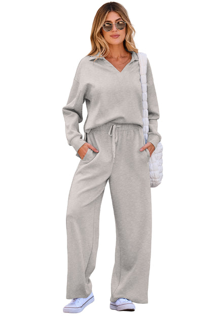Gray Solid Color V Neck Top and High Waist Pants Set