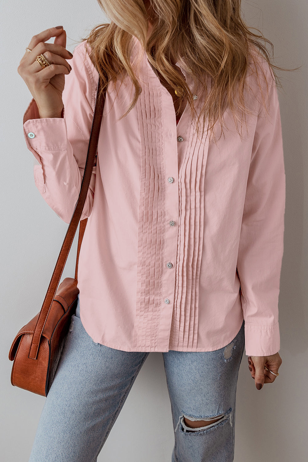 Chemise décontractée ample rose clair à boutons et plis