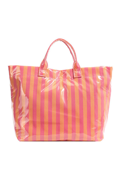 Rose Red Glossy Striped Vinyl Large Tote Bag (Color Varied)