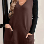 Dark Brown Ribbed Deep V Neckline Front Pocketed Loose Tunic Sweater Vest