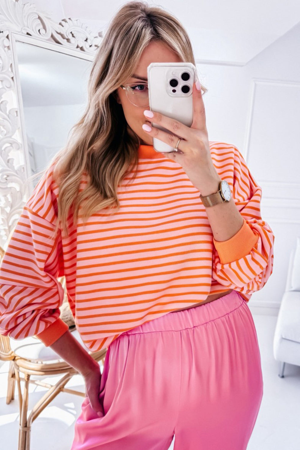 Sweat-shirt ample à col rond et épaules tombantes orange roux