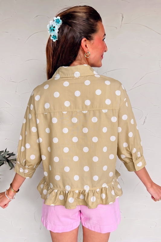 Khaki Polka Dot Print Three Quarter Sleeve Ruffle Hem Casual Shirt