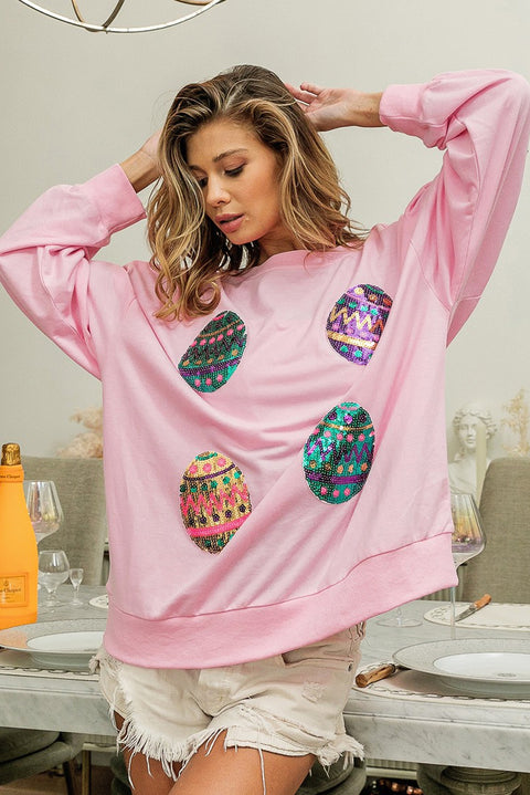 Pink Sequined Easter Egg Drop Shoulder Oversized Sweatshirt