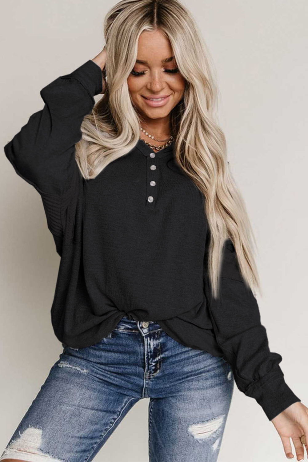 Haut Henley gris à manches dolman et patchwork gaufré 