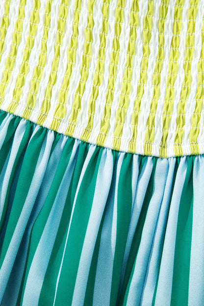 Green Stripe Scalloped Contrast Patchwork Knot Strap Midi Dress