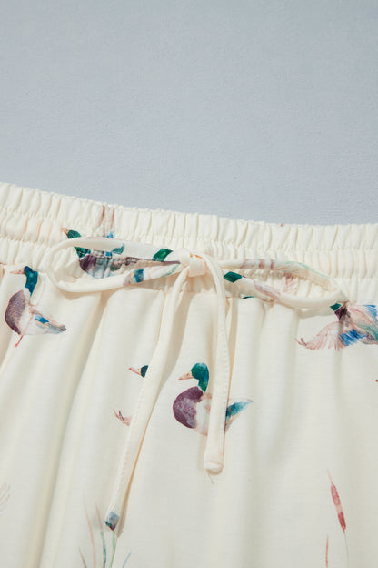 Beige Free Mallard Print Long Sleeve Top Drawstring Short Set