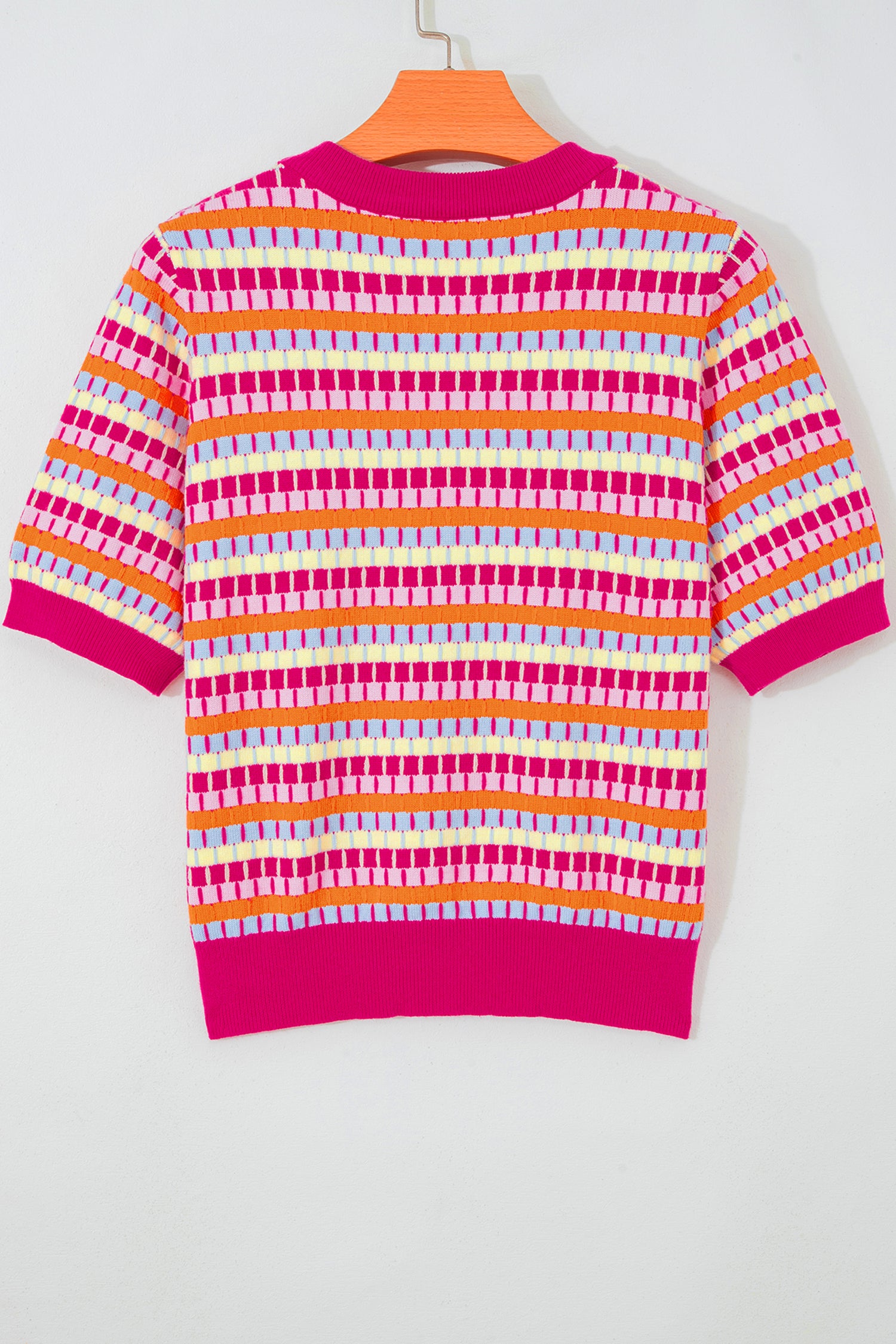 Rose Red Abstract Striped Knit Short Sleeve Sweater