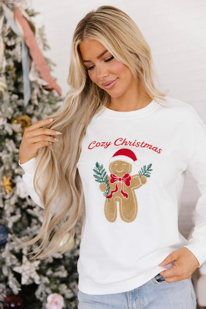 White Embroidered Gingerbread Cozy Christmas Long Sleeve Round Neck Pullover Sweatshirt