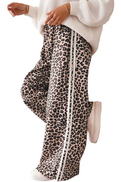 Beige Plus Size Leopard Print Side Stripes Detail Casual Pants