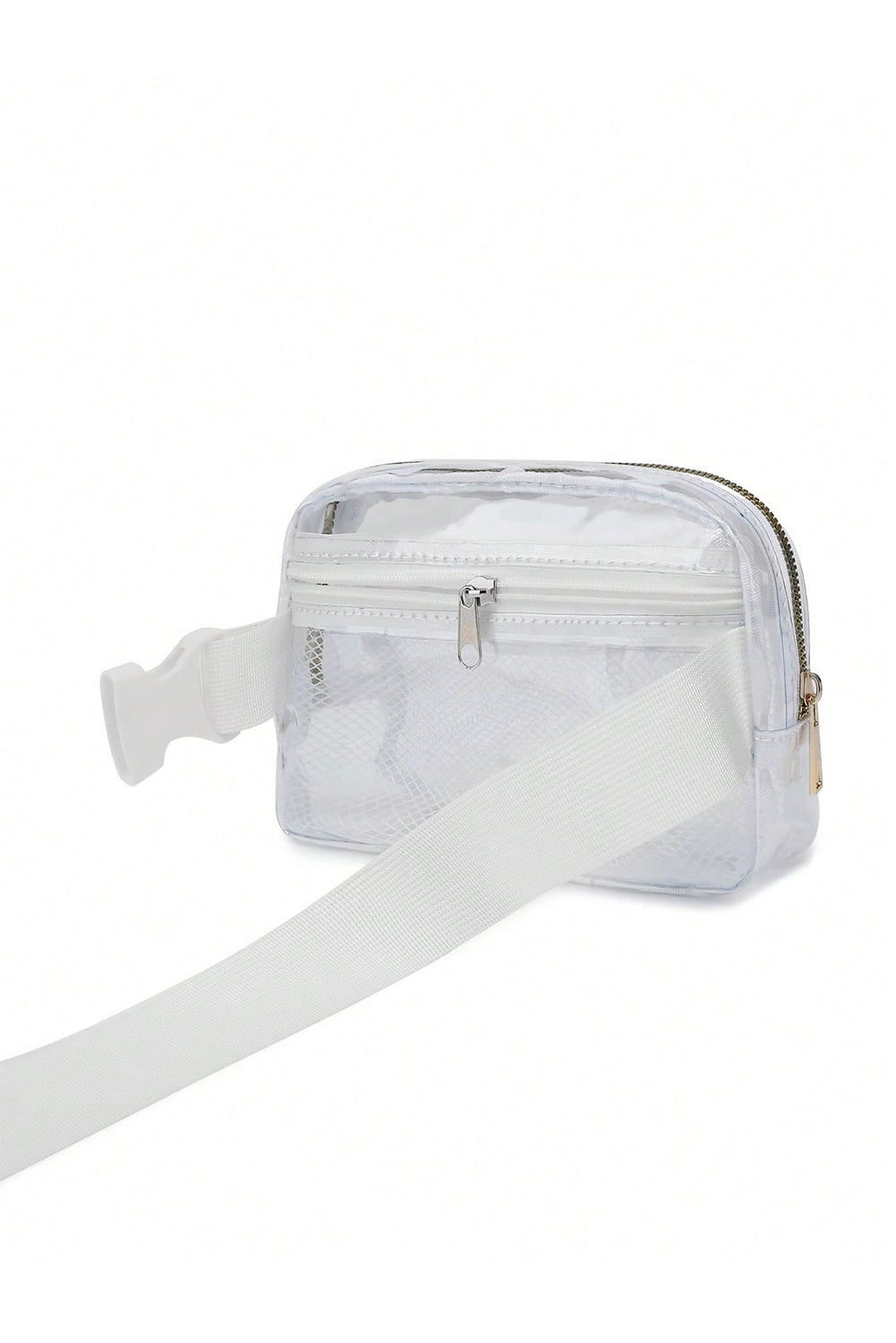 Sac banane transparent à bretelles réglables et fermeture éclair blanc brillant 