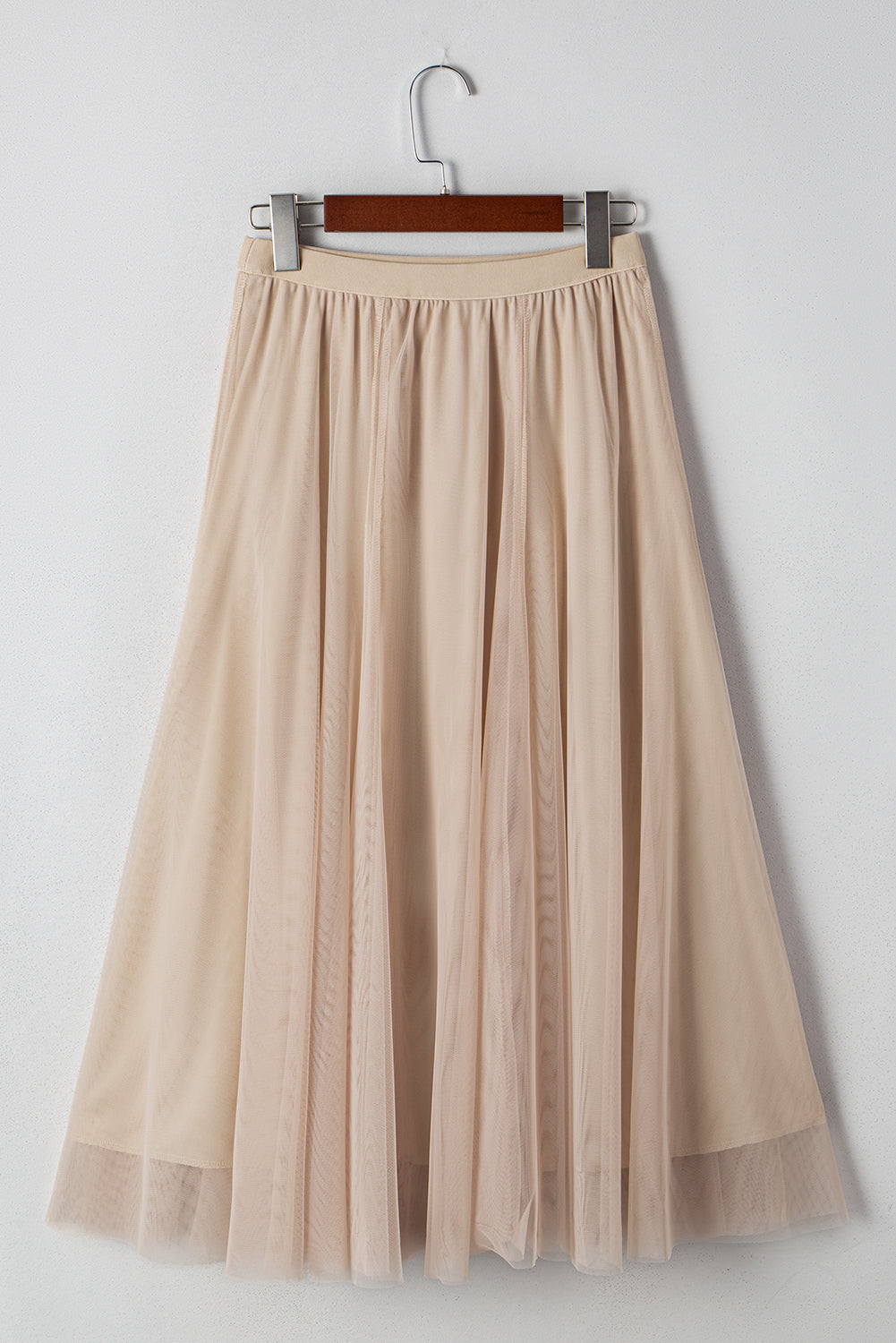 Apricot Tulle Mesh Overlay Flared Midi Skirt