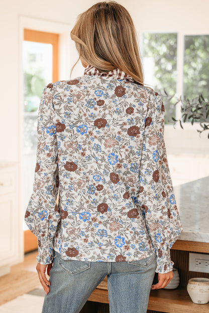 Brown Plaid Frilled Trim V Neck Floral Long Sleeve Blouse