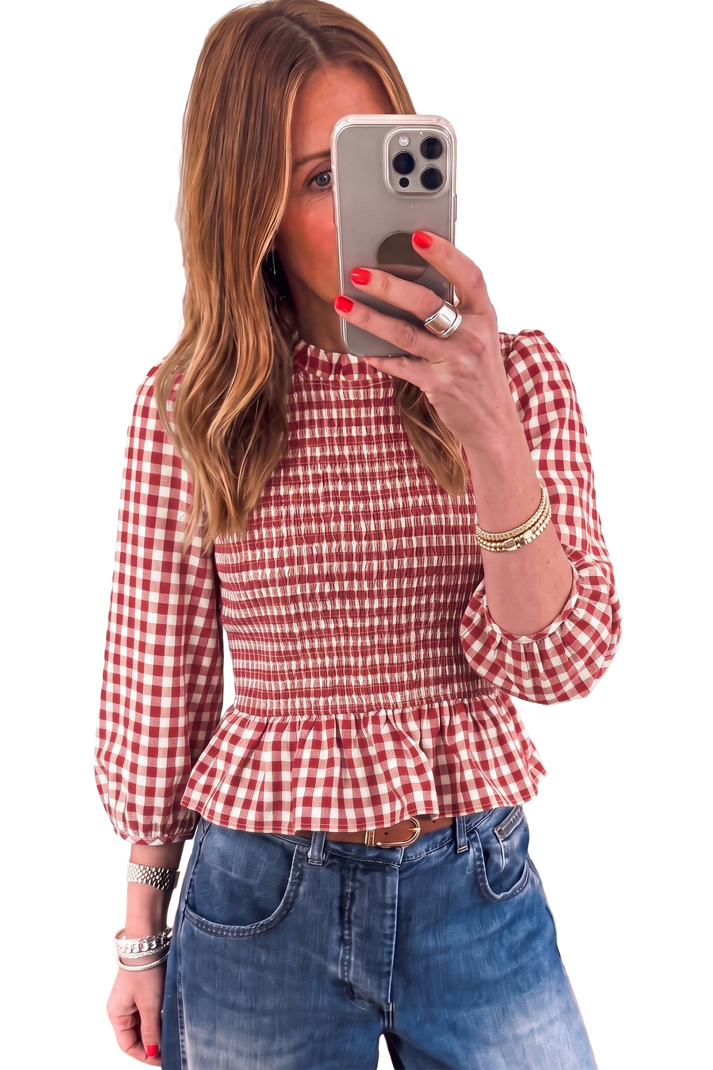 Red 3/4 Sleeve Shirred Plaid Peplum Top