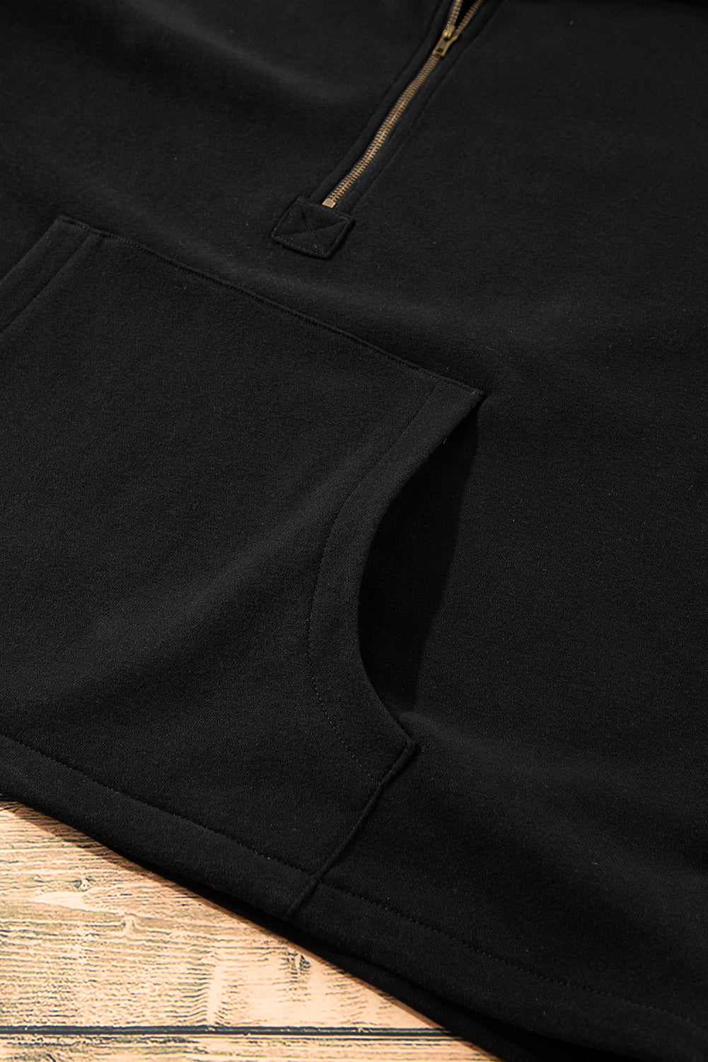 Black Fleece Lined Half Zipper Kangaroo Pockets Loose Hoodie
