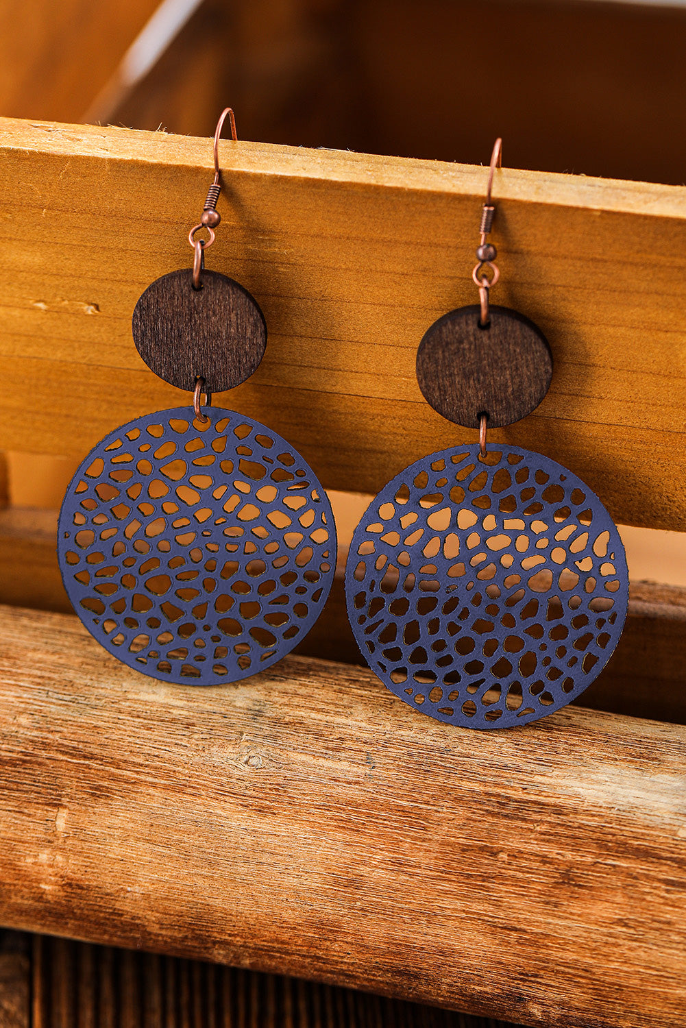 Hollow Out Wooden Round Drop Earrings