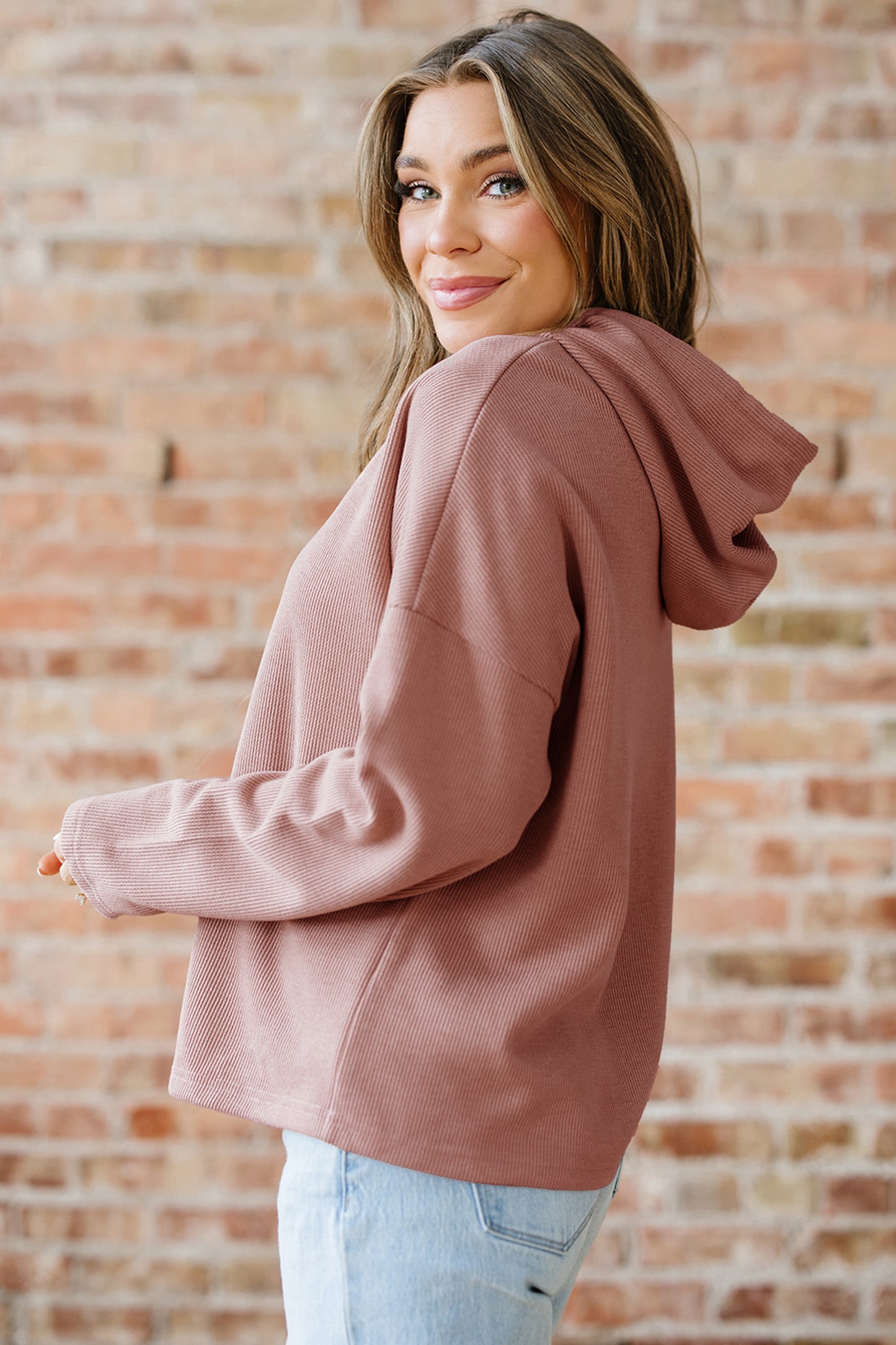 Parchment Thermal Textured Leopard Drawstring Baggy Hoodie
