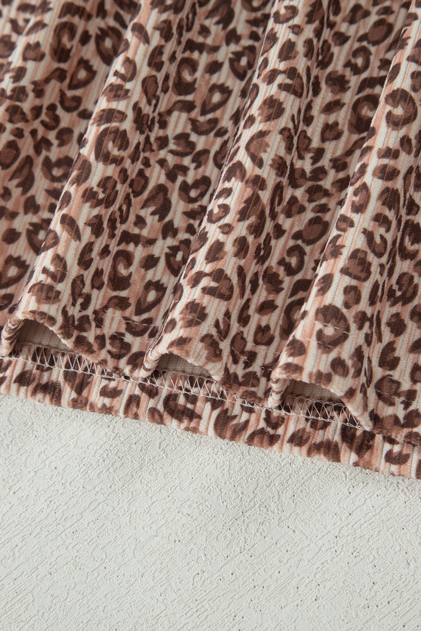 Brown Leopard Print Ribbed Patchwork Half Button Loose Tee Elastic Waist Short 2pcs Set
