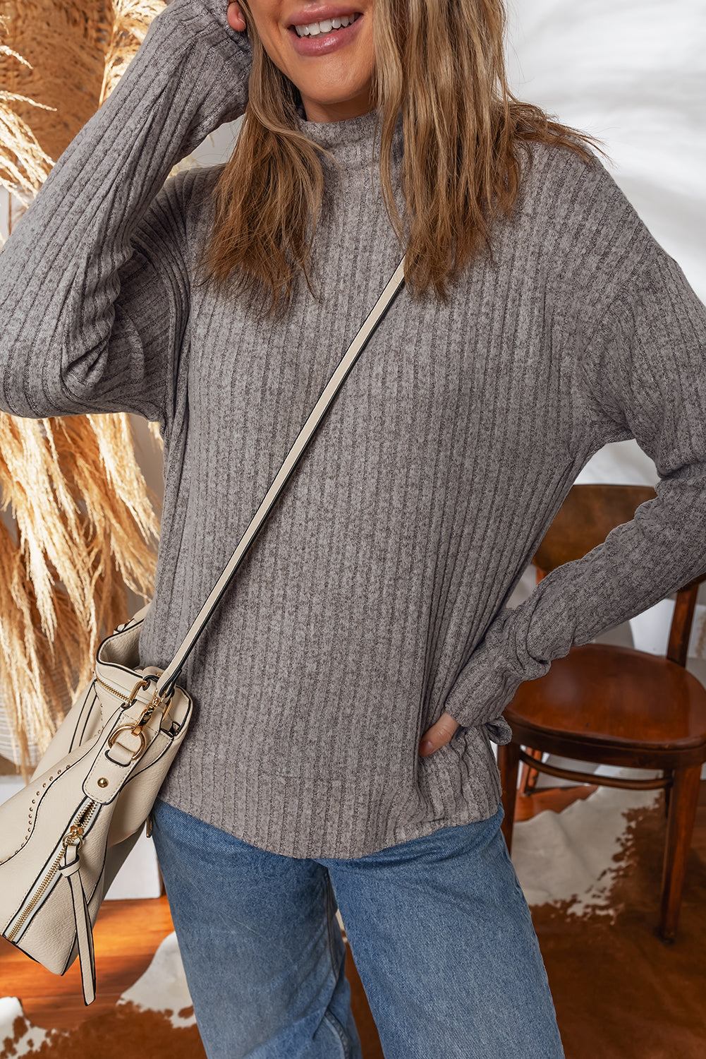 Gray Morn Ribbed High Neck Knitted Pullover Top