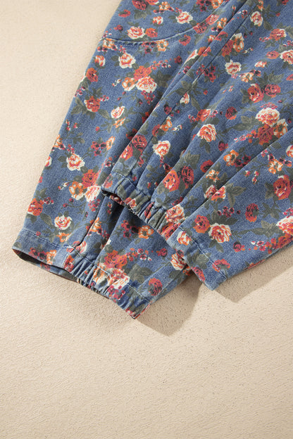 Beau Blue Retro Floral Print Elastic Waist Pocketed Barrel Jeans