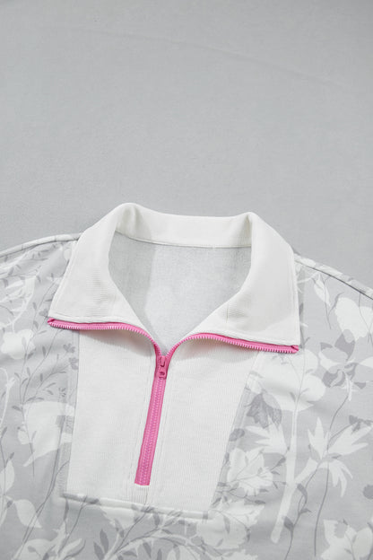 Gray Floral Print Quarter Zip Stand Neck Long Sleeve Sweatshirt