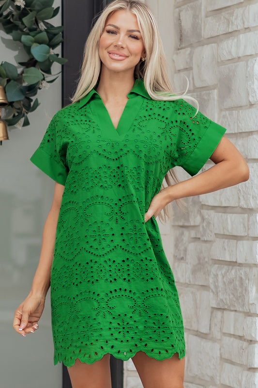 Green Solid Color Eyelet Embroidered T Shirt Mini Dress
