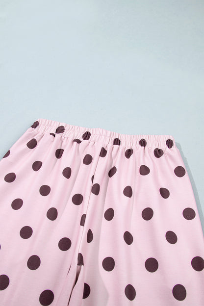 Pink Polka Dot Print Side Stripe Detail Long Sleeve Top Casual Pant Set