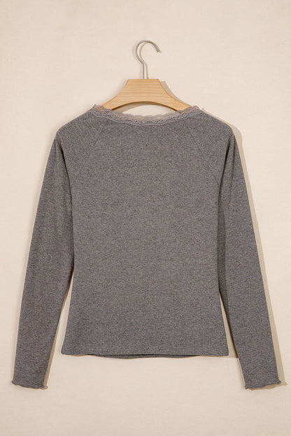 Medium Grey Solid Color Ribbed Lace Trim V-Neck Button Detail Long Sleeve Top