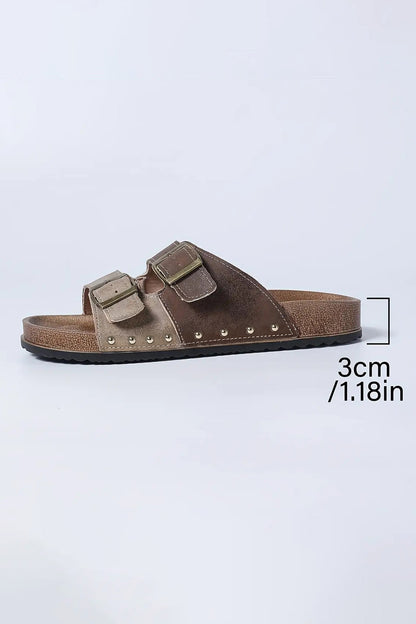 Coffee Two-tone Retro Buckle Straps Hollowed Faux Suede Slippers