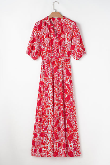 Robe longue rouge à imprimé cachemire, fente latérale, manches bouffantes, taille haute