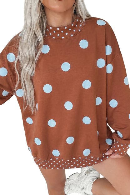 Brown Polka Dot Print Contrast Detail Oversized Tunic Sweatshirt
