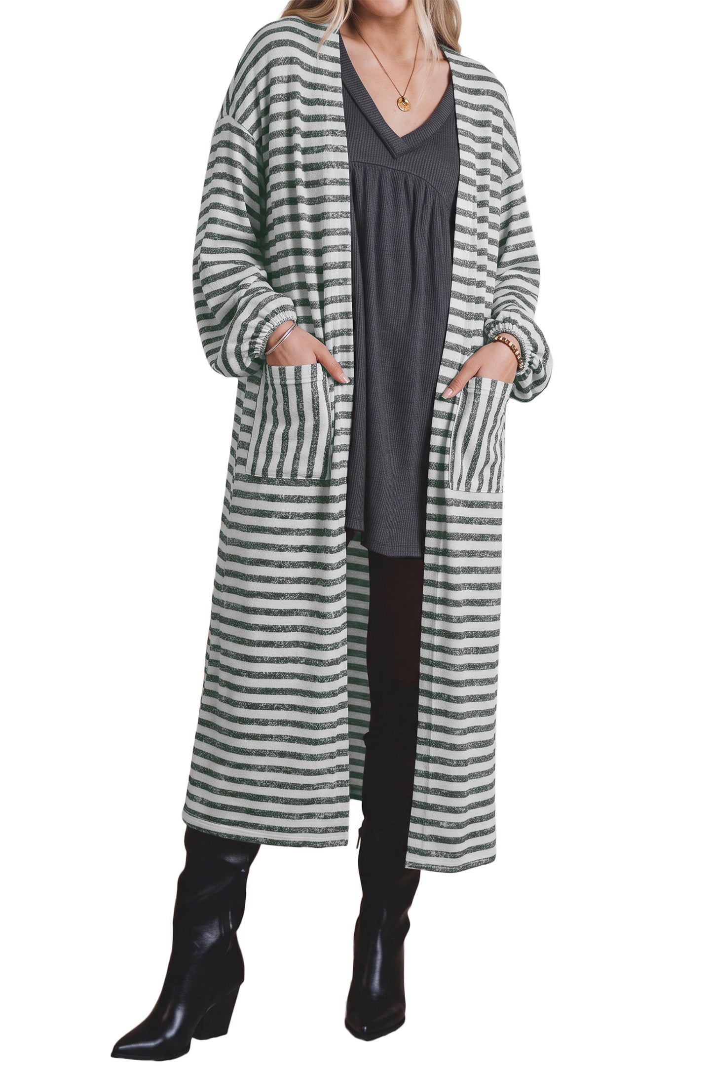Khaki Stripe Long Puff Sleeve Open Front Oversized Long Cardigan