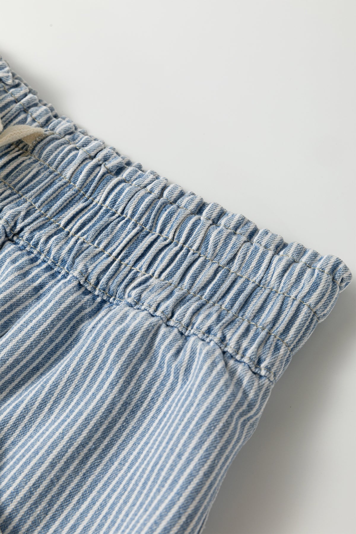 Sky Blue Stripe Raw Edge Drawstring Elastic Waist Casual Denim Shorts