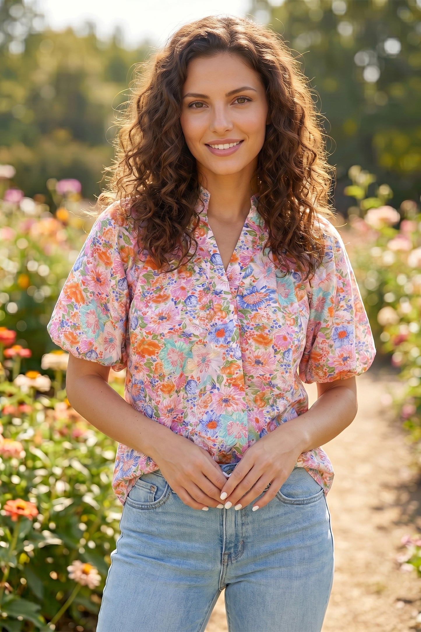 Pink Floral Print V Neck Short Sleeve Shift Blouse