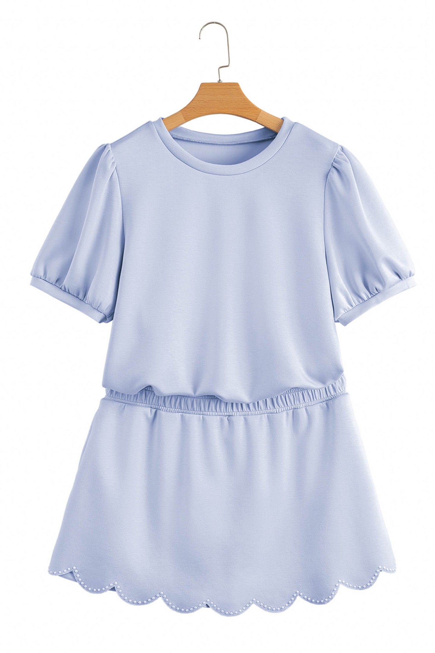 Beau Blue Puff Sleeve Pearl Embellished Scallop Trim Top 2 Piece Skort Set