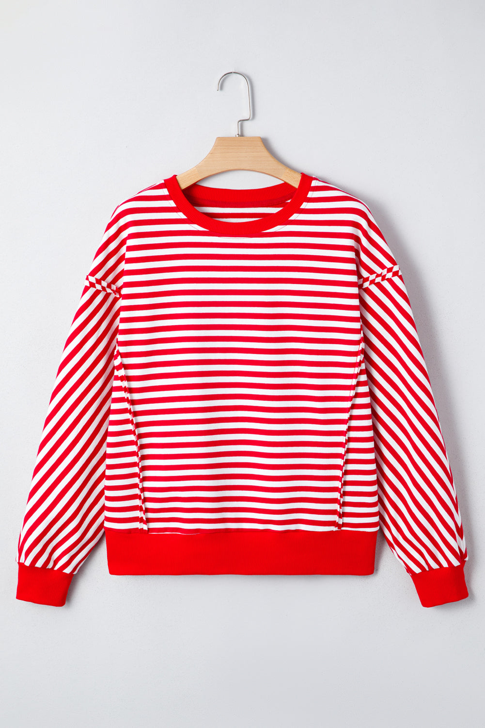 Red Stripe Exposed Seam Drop Shoulder Casual Pullover Top