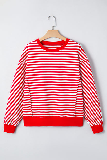 Red Stripe Exposed Seam Drop Shoulder Casual Pullover Top