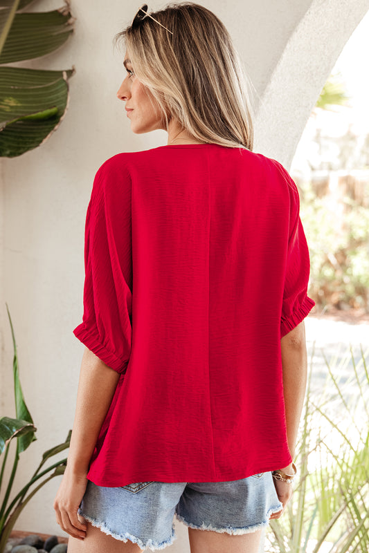 Racing Red Braided Trim V Neck Half Sleeve Blouse