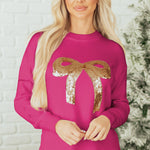 Rose Red Sequined Bow Graphic Christmas Holiday Sweater