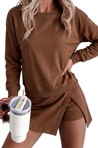 Coffee Solid Color Long Sleeve Top Split Skort 2pcs Outfit