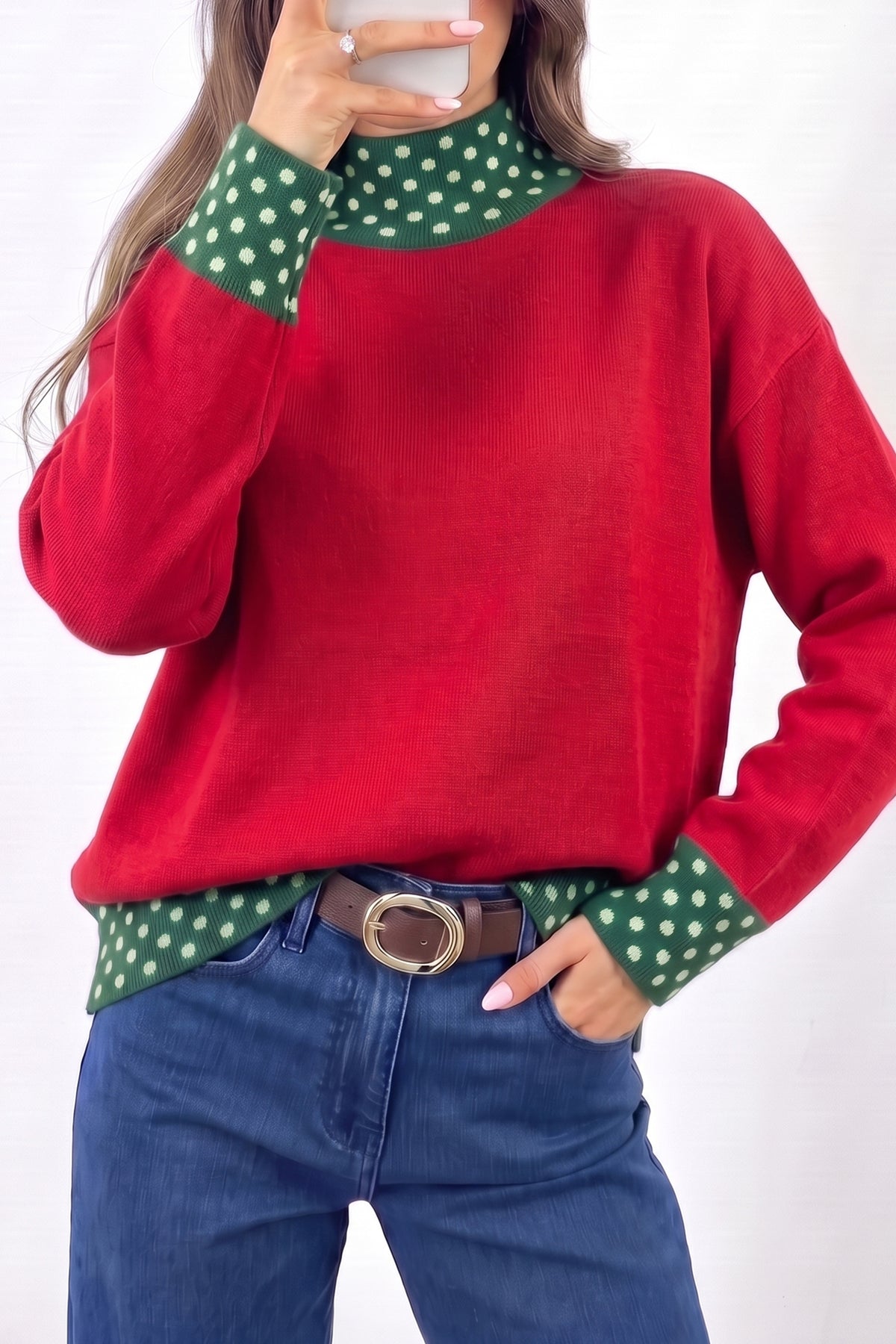 Fiery Red Polka Dot Contrast Mock Neck Sweater
