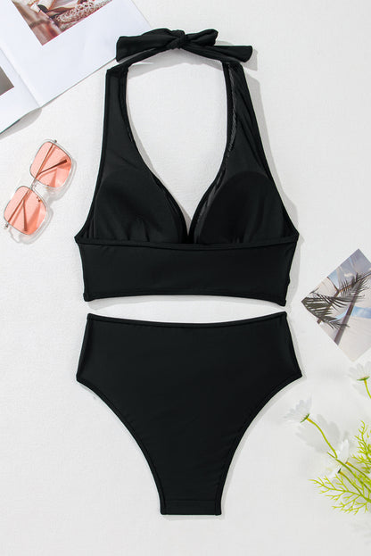 Bikini push-up noir à col en V et bordure en maille transparente
