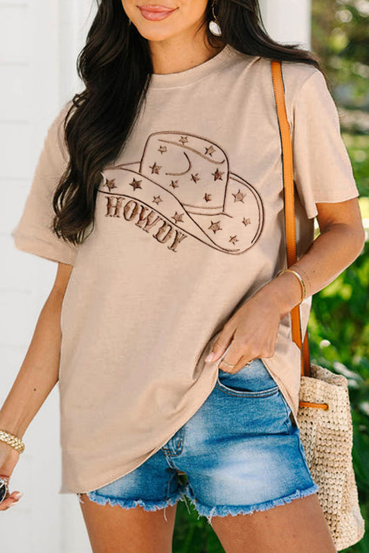 Khaki HOWDY Cowboy Hat Embroidered Graphic Tee