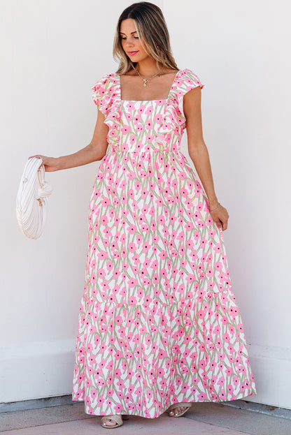 Robe longue rose à imprimé floral, col carré et bretelles à volants